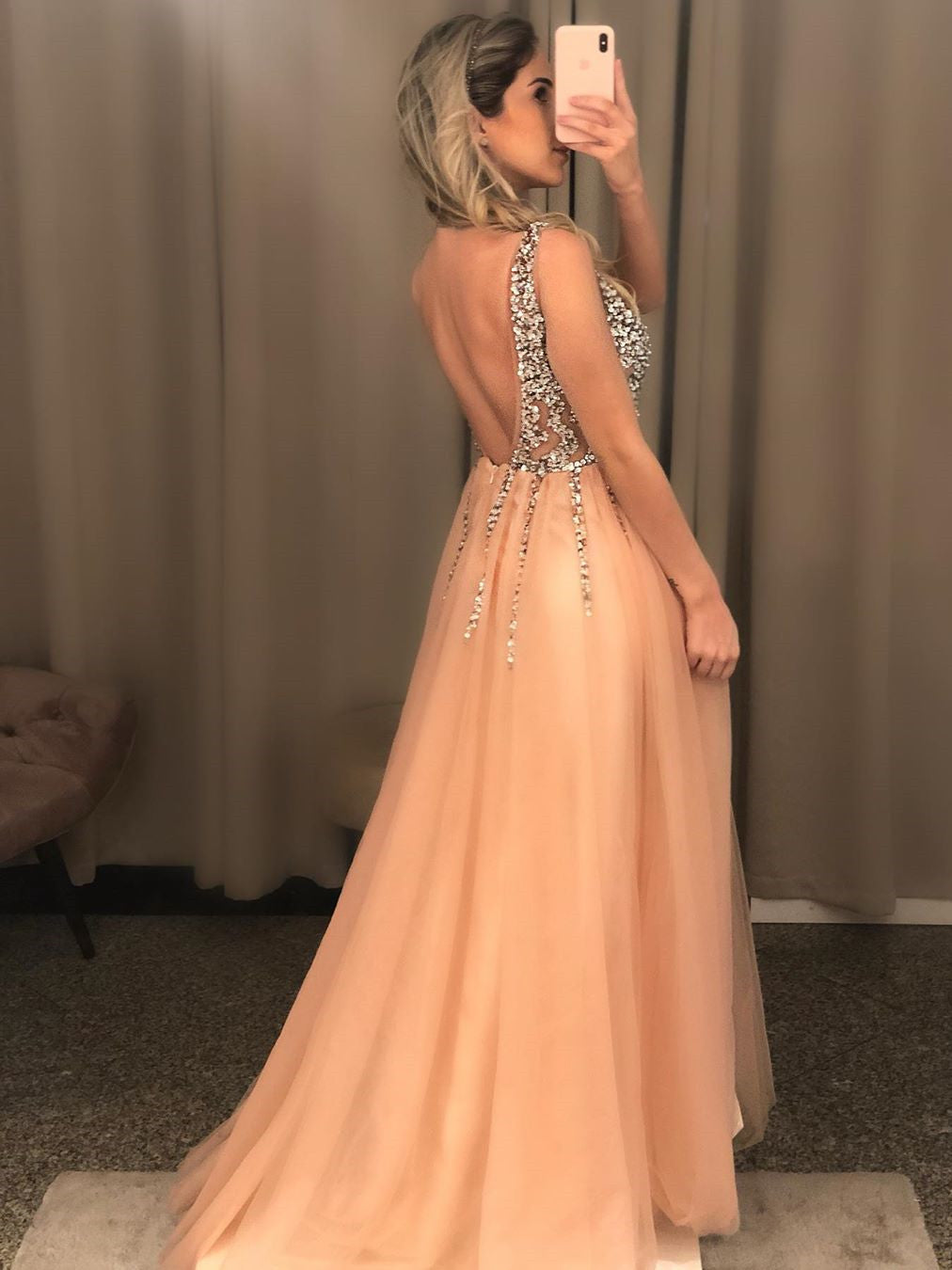 Sexy V-neck Tulle A-line Prom Dresses With Rhinestones And Slit