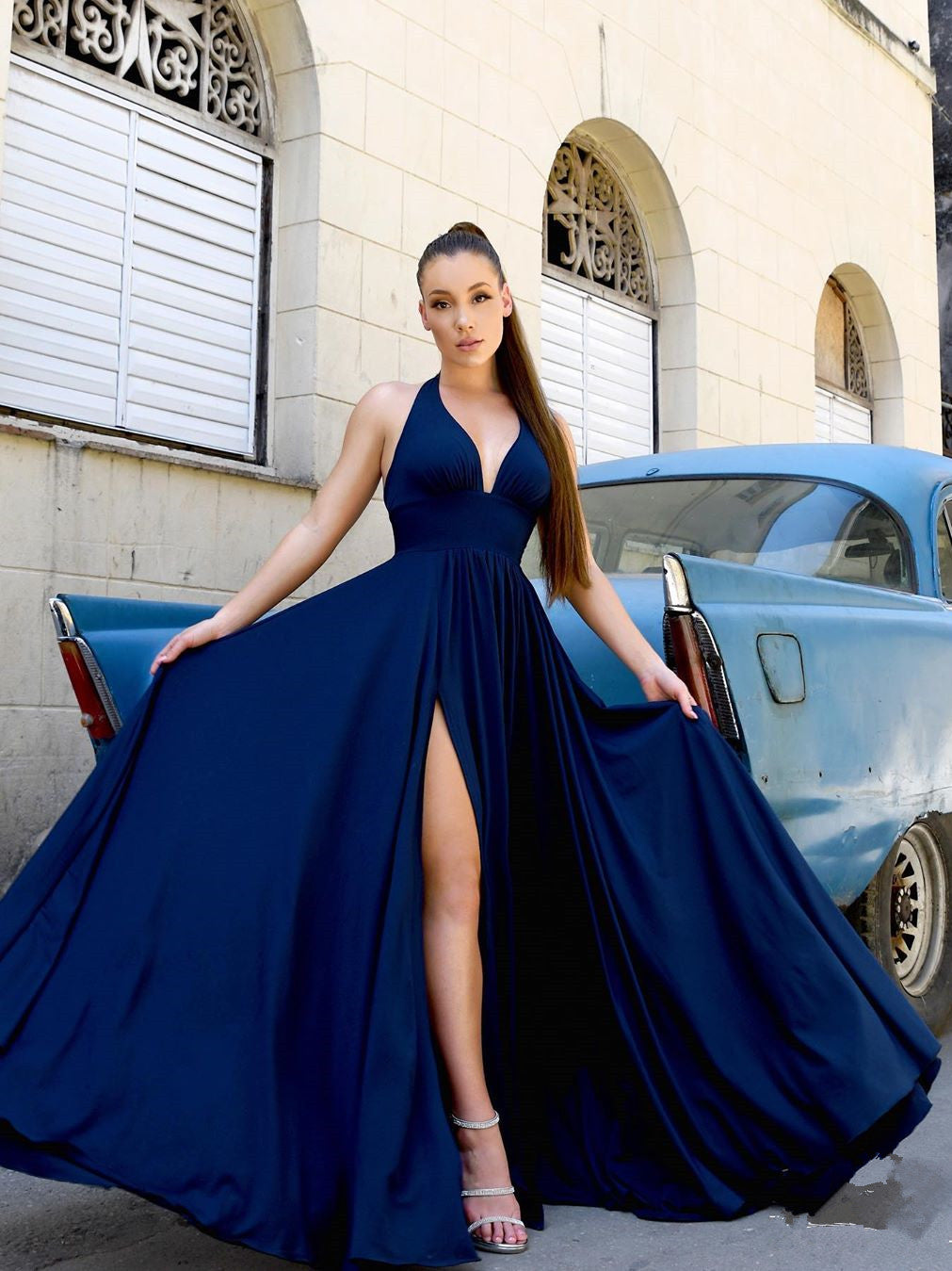 Elegant Satin A-line Prom Dresses With Slit Long Evening Gowns