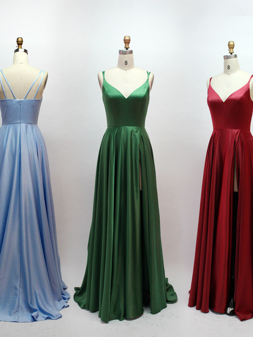 Simple Satin A-line Prom Dresses With Slit Long Evening Gowns