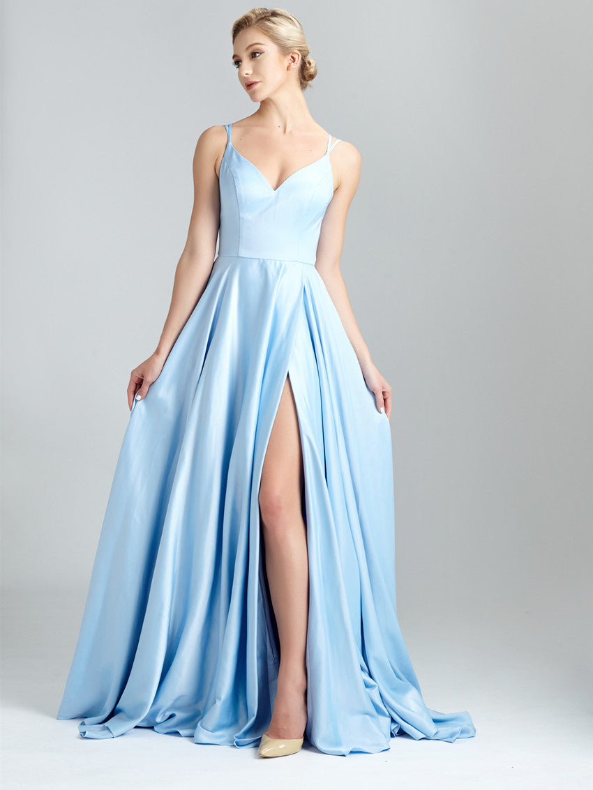 Simple Satin A-line Prom Dresses With Slit Long Evening Gowns