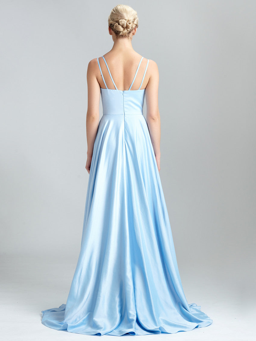 Simple Satin A-line Prom Dresses With Slit Long Evening Gowns