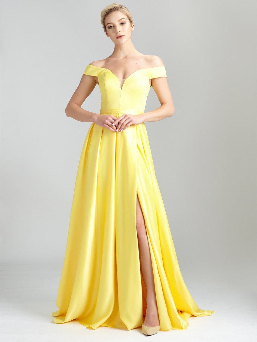 Simple Satin A-line Prom Dresses With Cap Sleeves And Slit