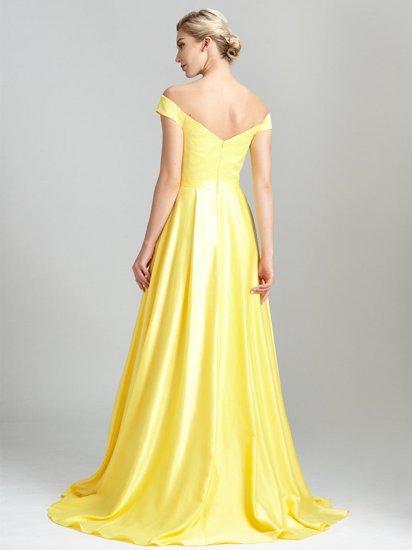 Simple Satin A-line Prom Dresses With Cap Sleeves And Slit