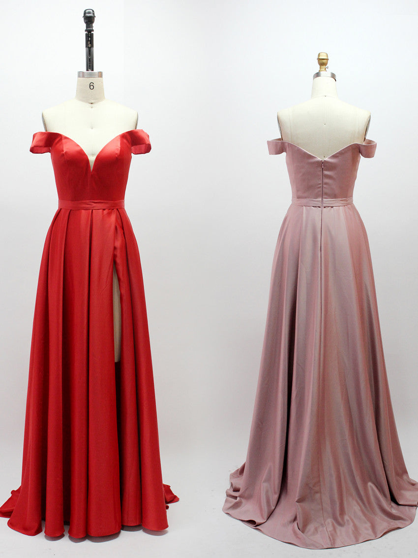 Simple Satin A-line Prom Dresses With Cap Sleeves And Slit