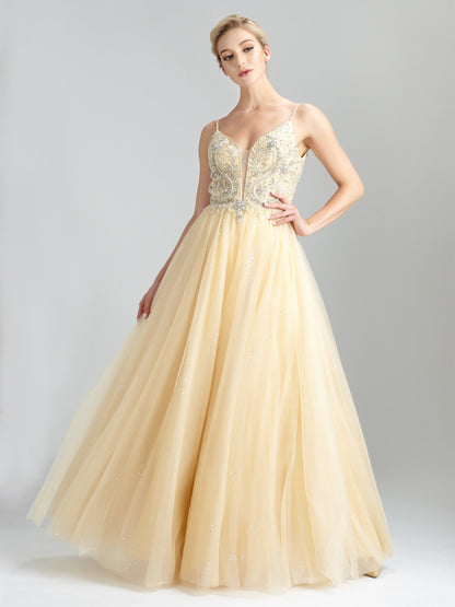 Beaded Tulle Prom Dresses A-line Sequined Evening Gowns