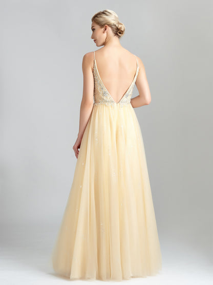 Beaded Tulle Prom Dresses A-line Sequined Evening Gowns