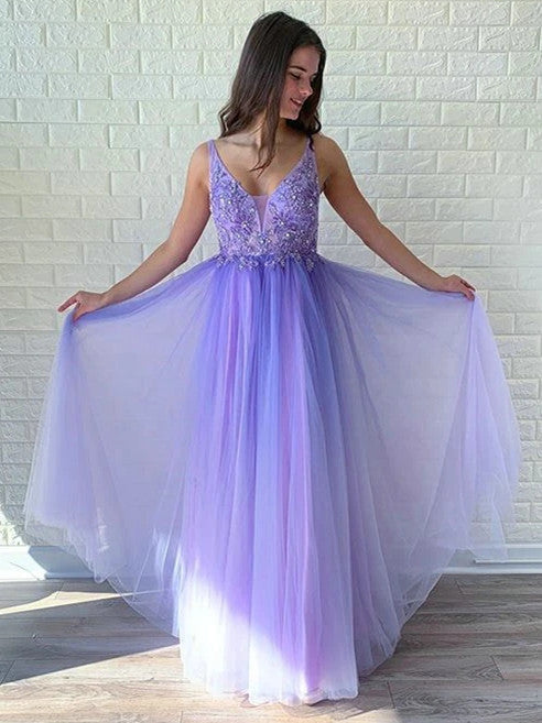 Beaded Tulle Prom Dresses A-line Appliqued Evening Gowns