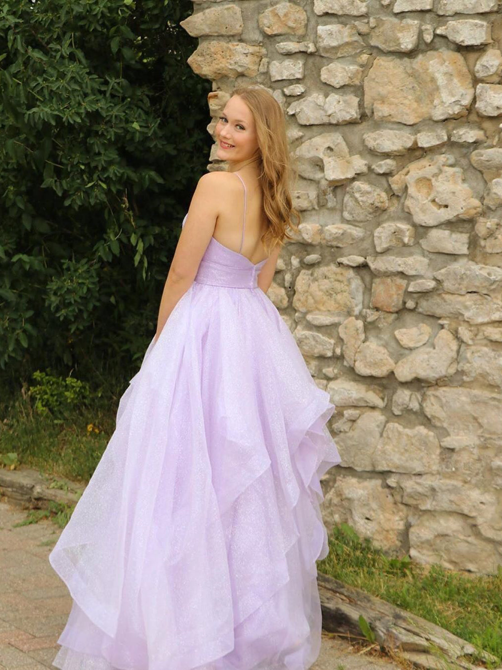 Stunning Shining Spaghetti Straps Tulle Prom Dresses A-line Tiered Evening Gowns