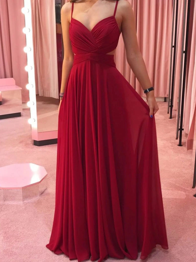 Simple Long Chiffon Spaghetti Straps Neckline A-line Prom Dresses