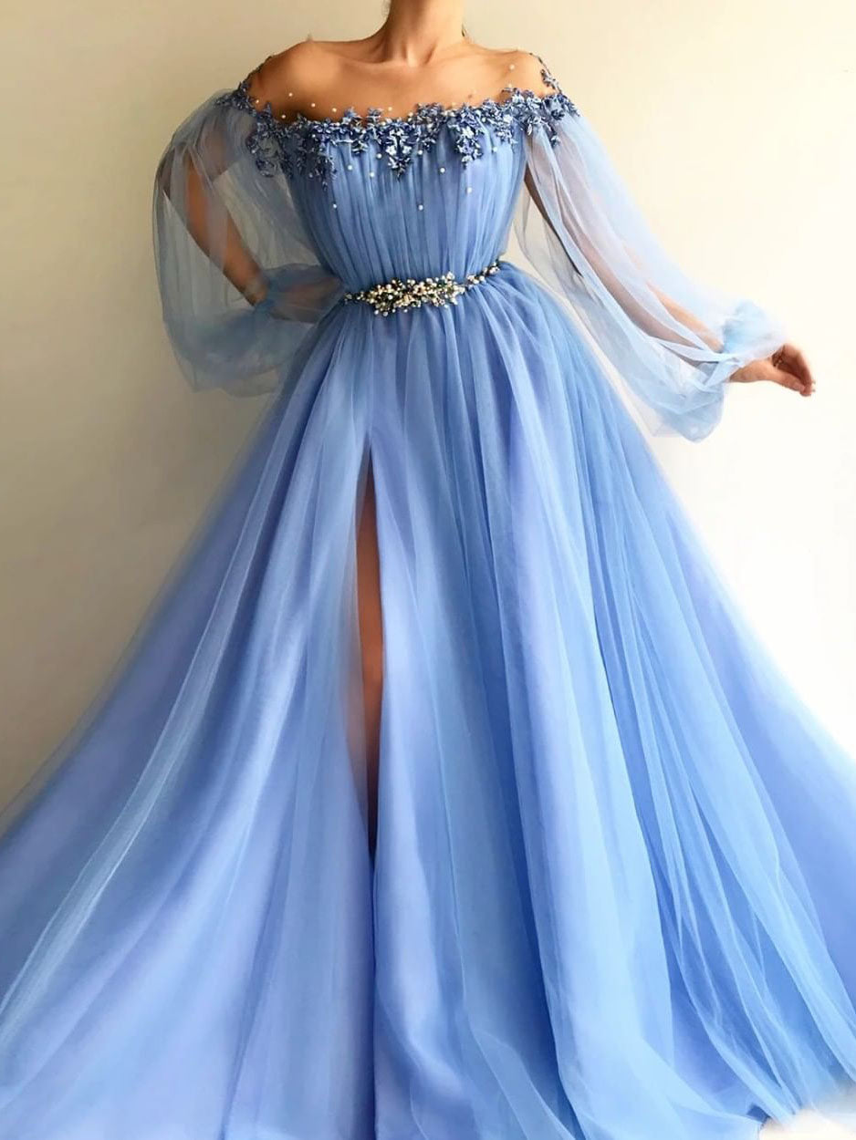 Illusion Jewel Long Sleeves Beaded Appliqued Slit Tulle Sweep Train Prom Dresses