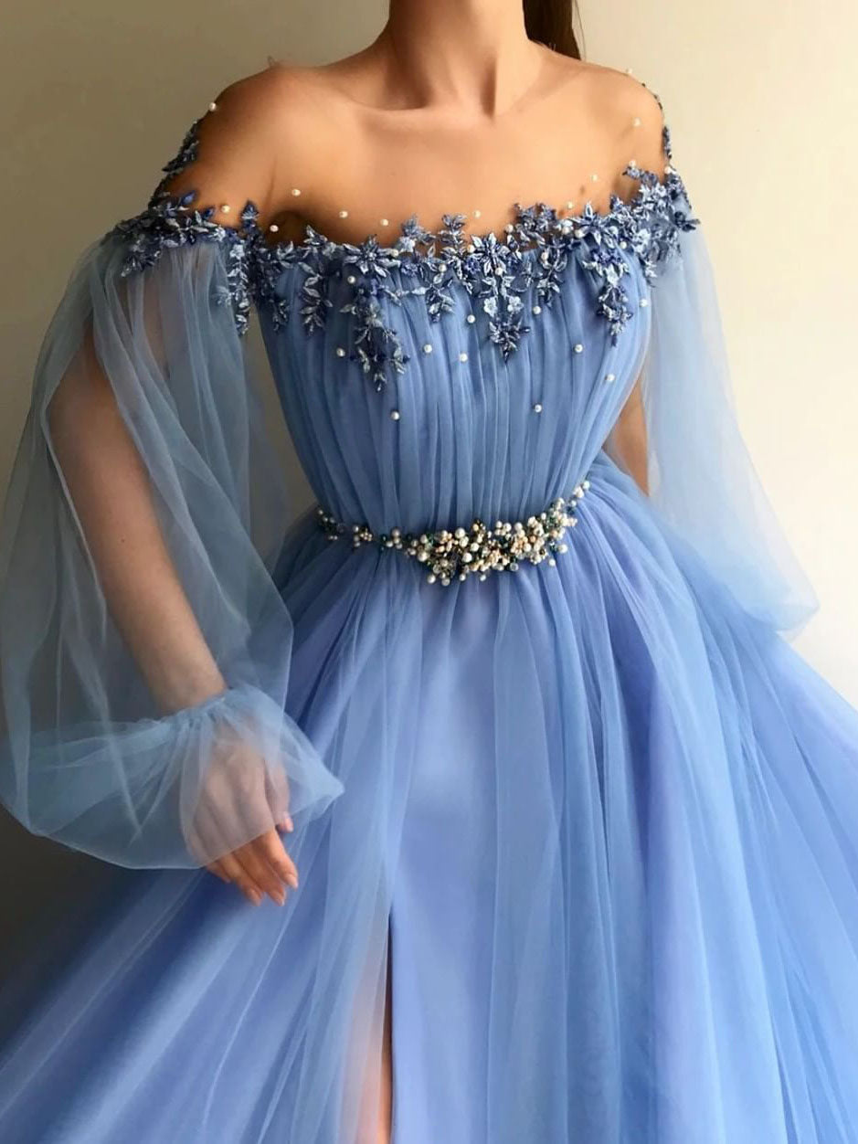 Illusion Jewel Long Sleeves Beaded Appliqued Slit Tulle Sweep Train Prom Dresses