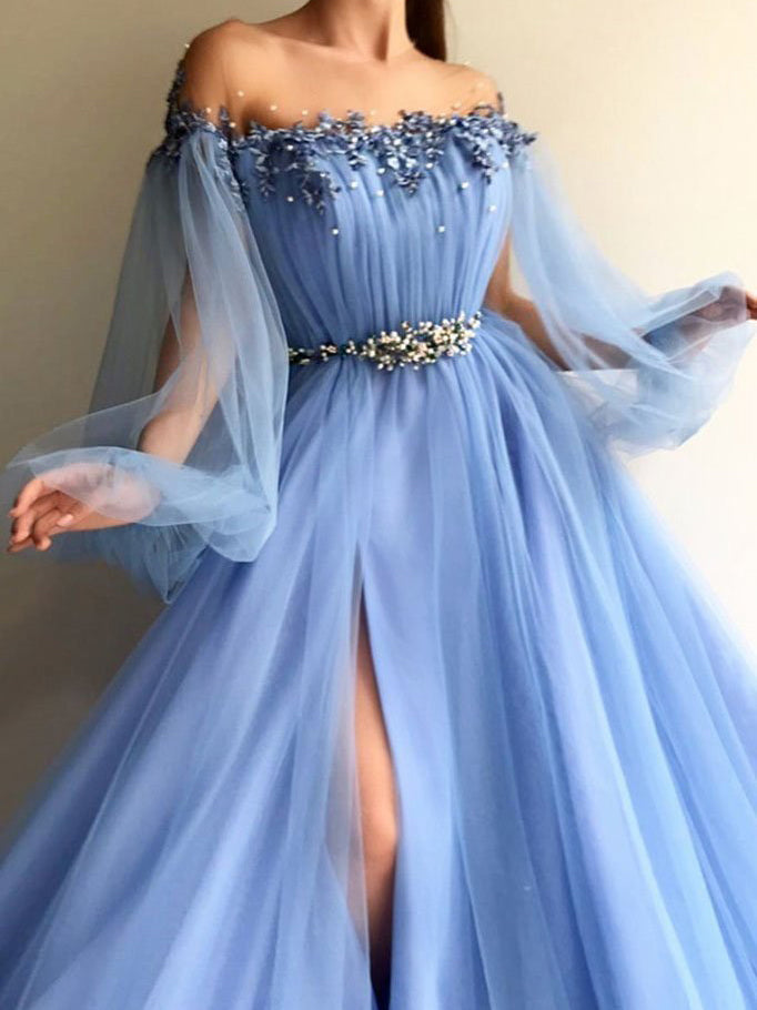 Illusion Jewel Long Sleeves Beaded Appliqued Slit Tulle Sweep Train Prom Dresses