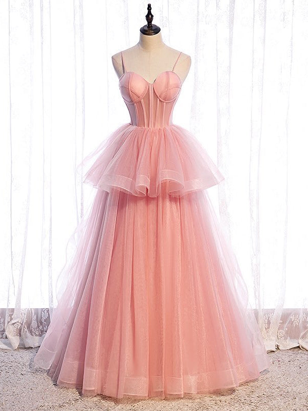 Elegant Spaghetti Straps A-line Prom Dresses Tiered Tulle