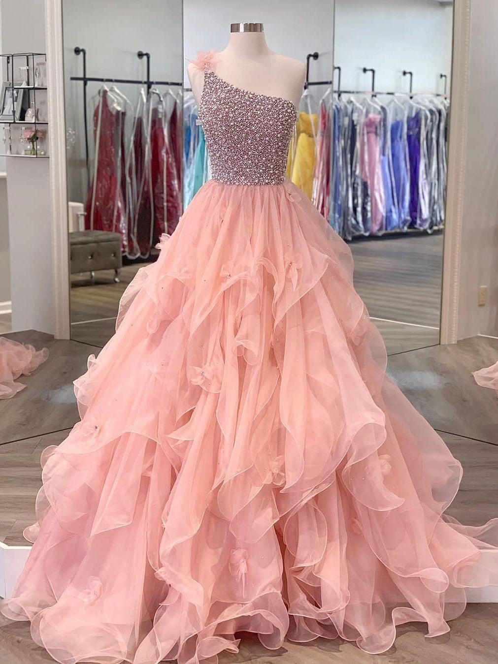 Delicate One-shoulder Tulle Beaded Flower A-line Prom Dresses