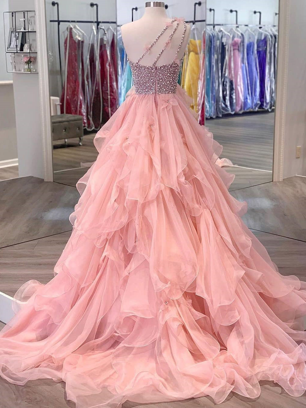 Delicate One-shoulder Tulle Beaded Flower A-line Prom Dresses