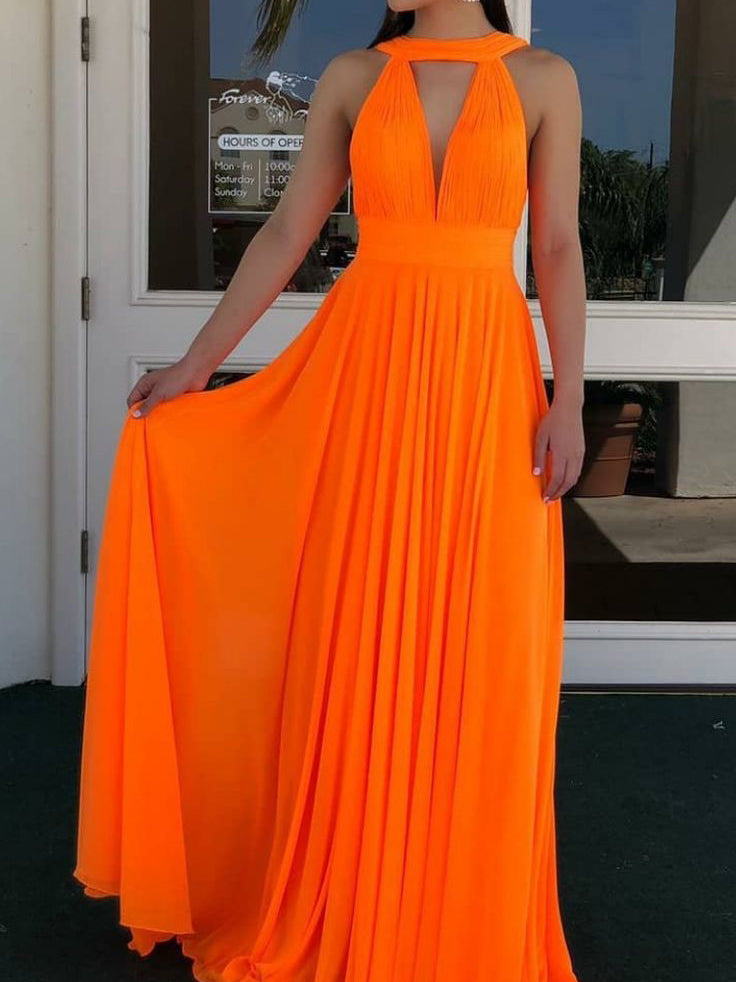 Simple Long Chiffon Halter Backless A-line Prom Dresses