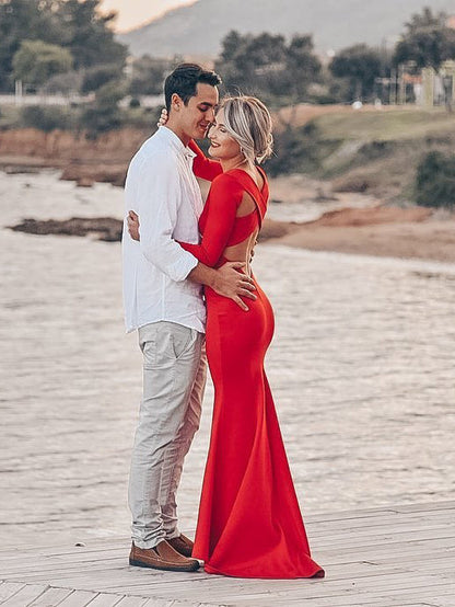 Simple Refined Satin Bateau Sweep Train  Mermaid Prom Dresses