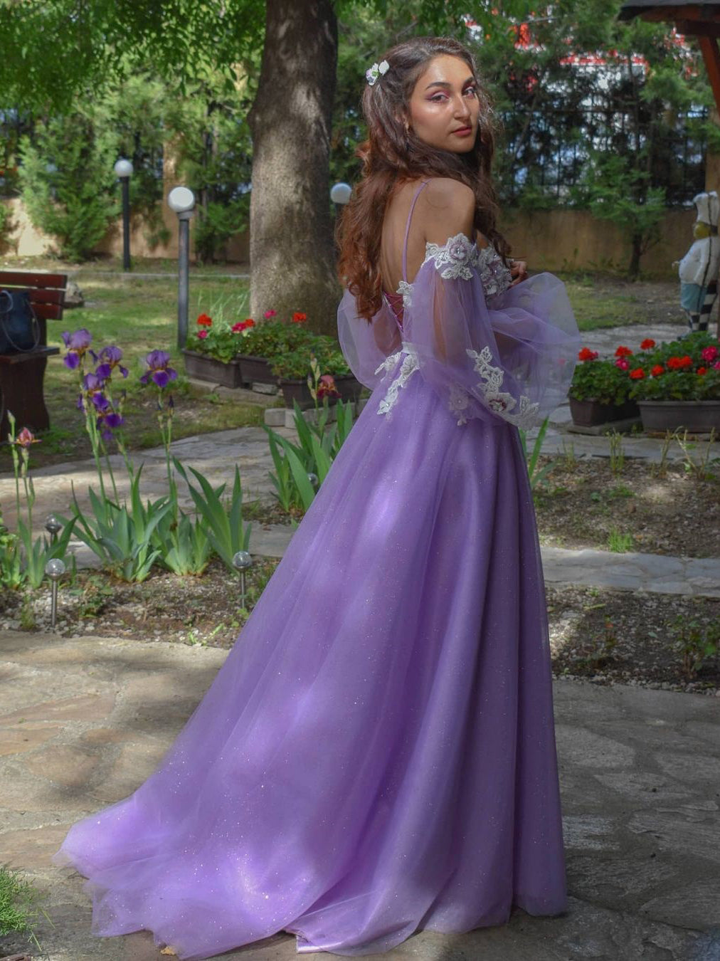 Gorgeous Rhinestone Floral Tulle A-line Prom Dresses Gowns