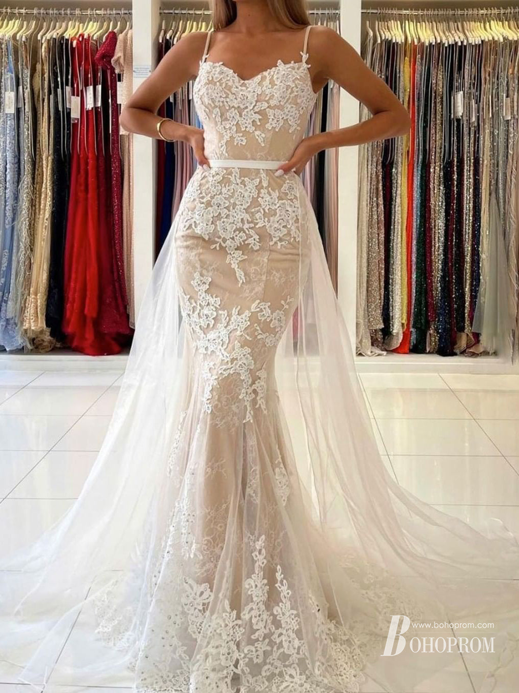 Elegant Rhinestones Appliqued Sheath Spaghetti Straps Tulle Prom Dresses