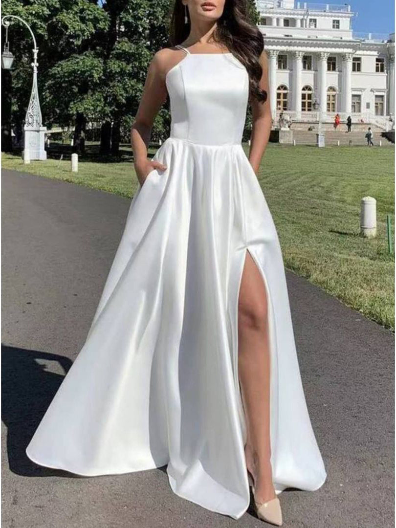 Simple A-line Spaghetti Strap Floor-Length Satin Prom Dresses