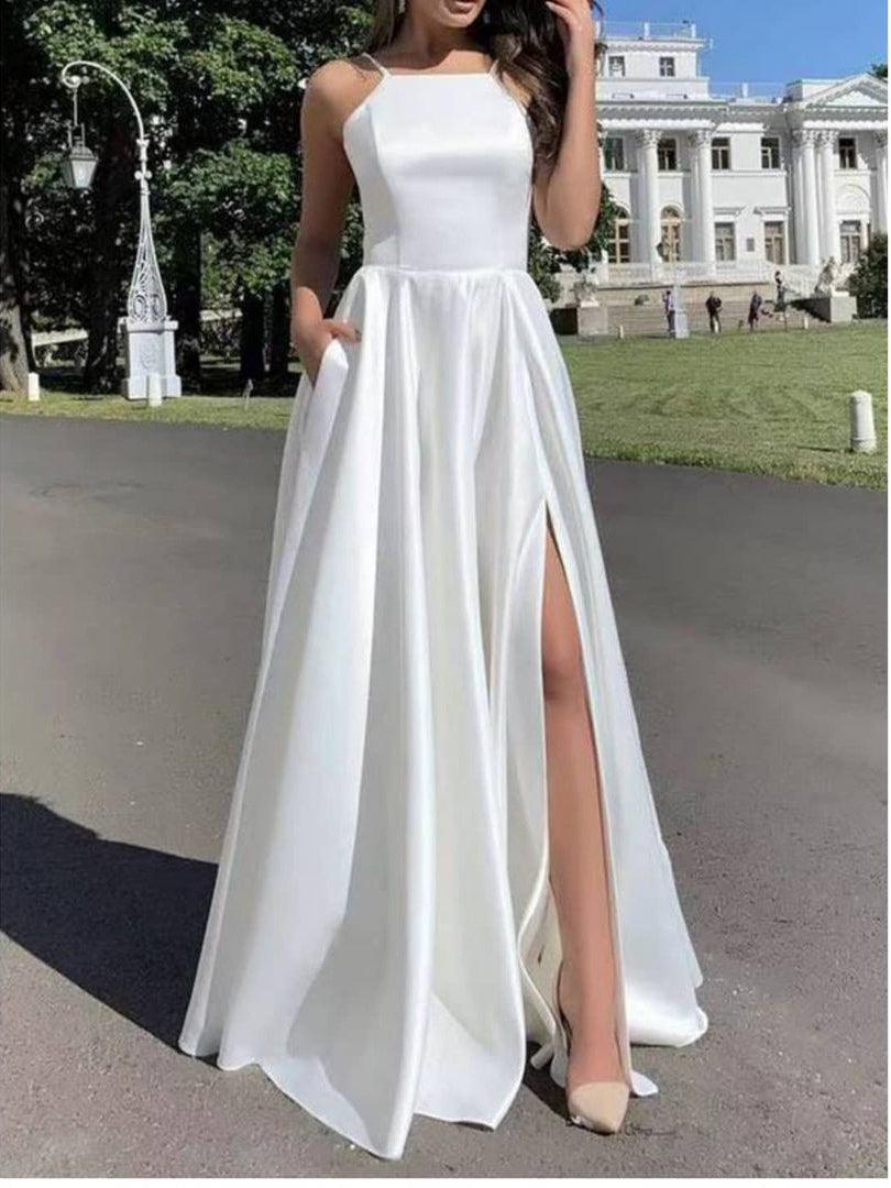 Simple A-line Spaghetti Strap Floor-Length Satin Prom Dresses