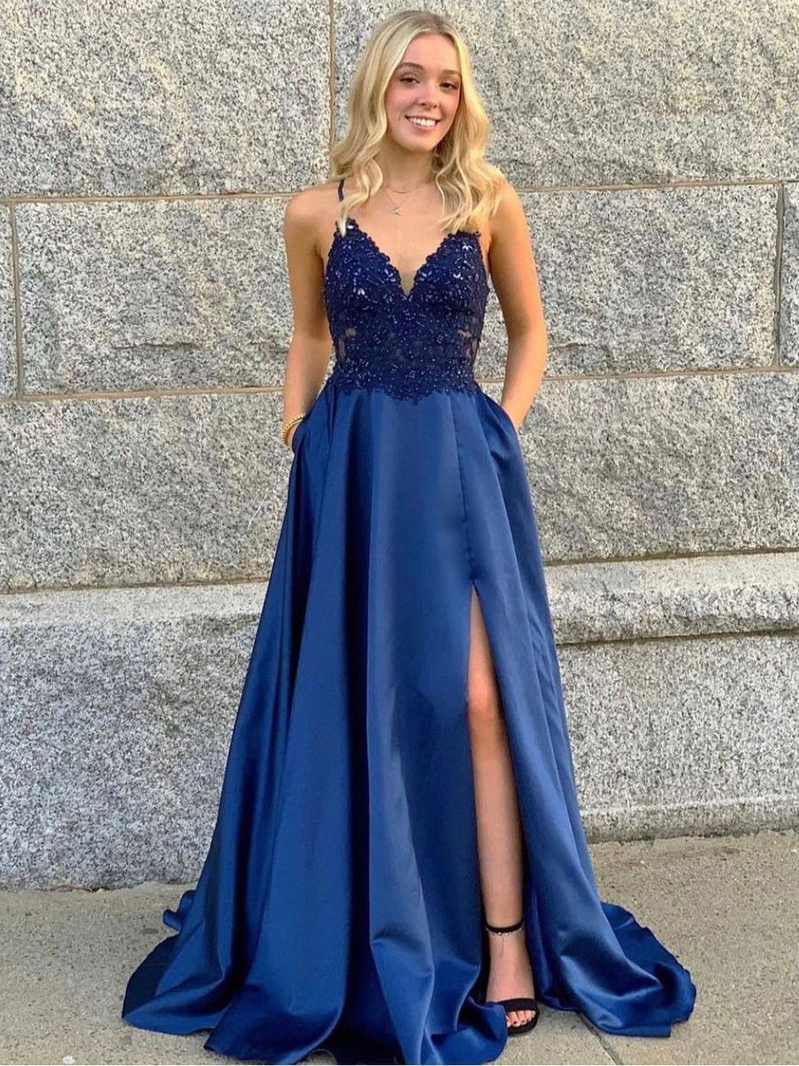 Amazing V-neck Spaghetti Straps Prom Dresses Satin A-line Formal Gowns