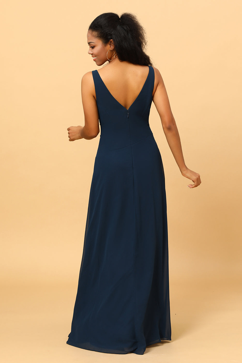 Navy V-Neck Chiffon Bridesmaid Dress with Ruffles