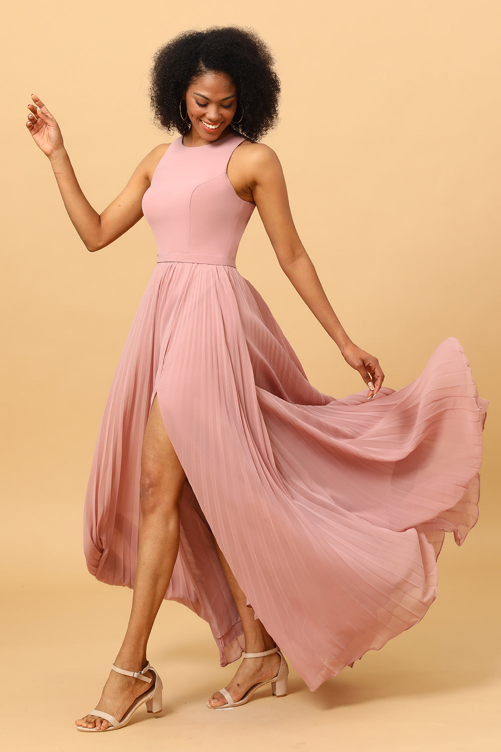 Blush Long Chiffon Pleated Bridesmaid Dress with Slit