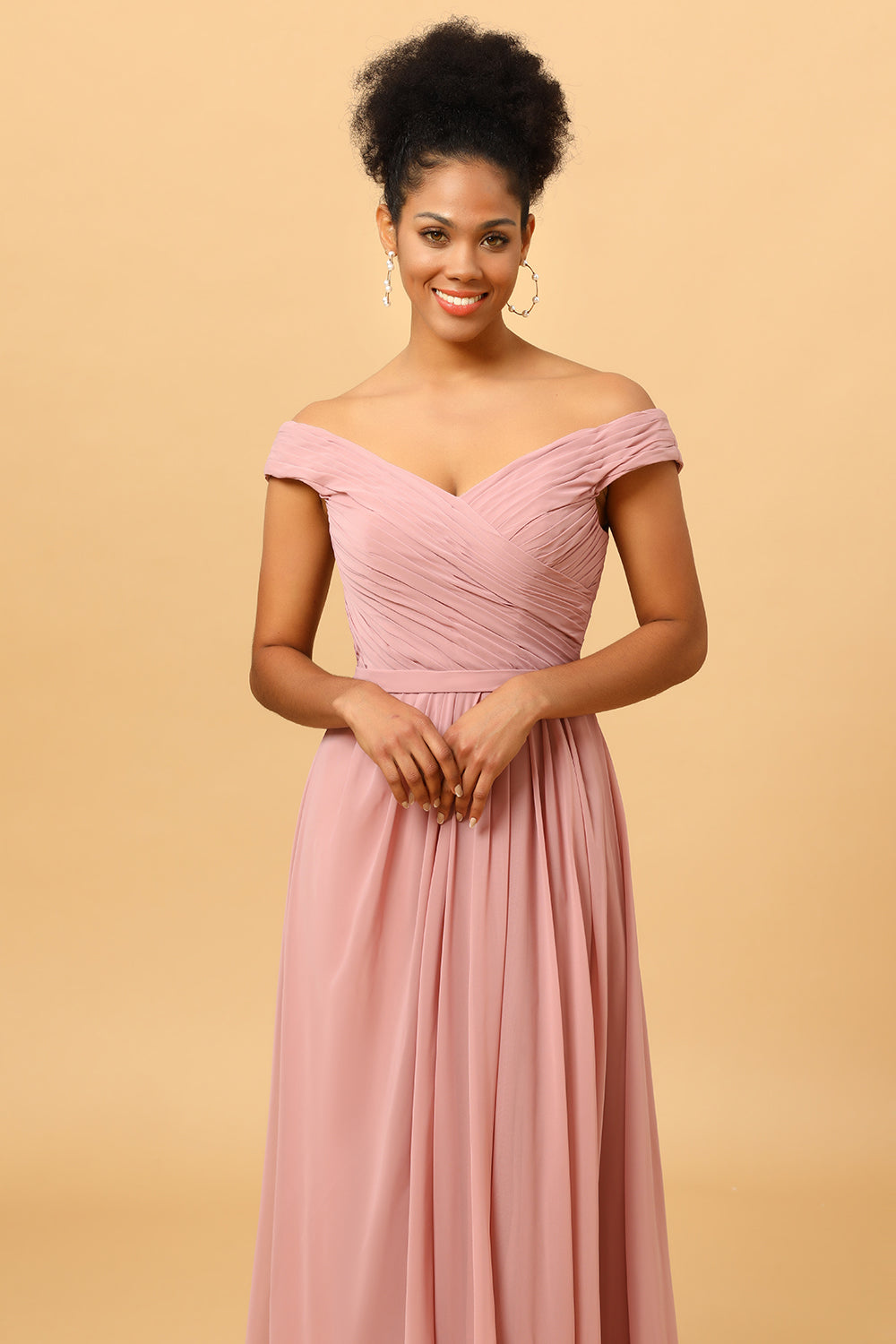 Ruffles Chiffon Pink Bridesmaid Dress with Slit