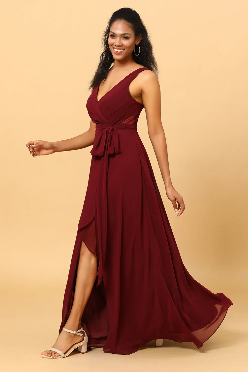 Burgundy V-Neck Chiffon Bridesmaid Dress with Slit