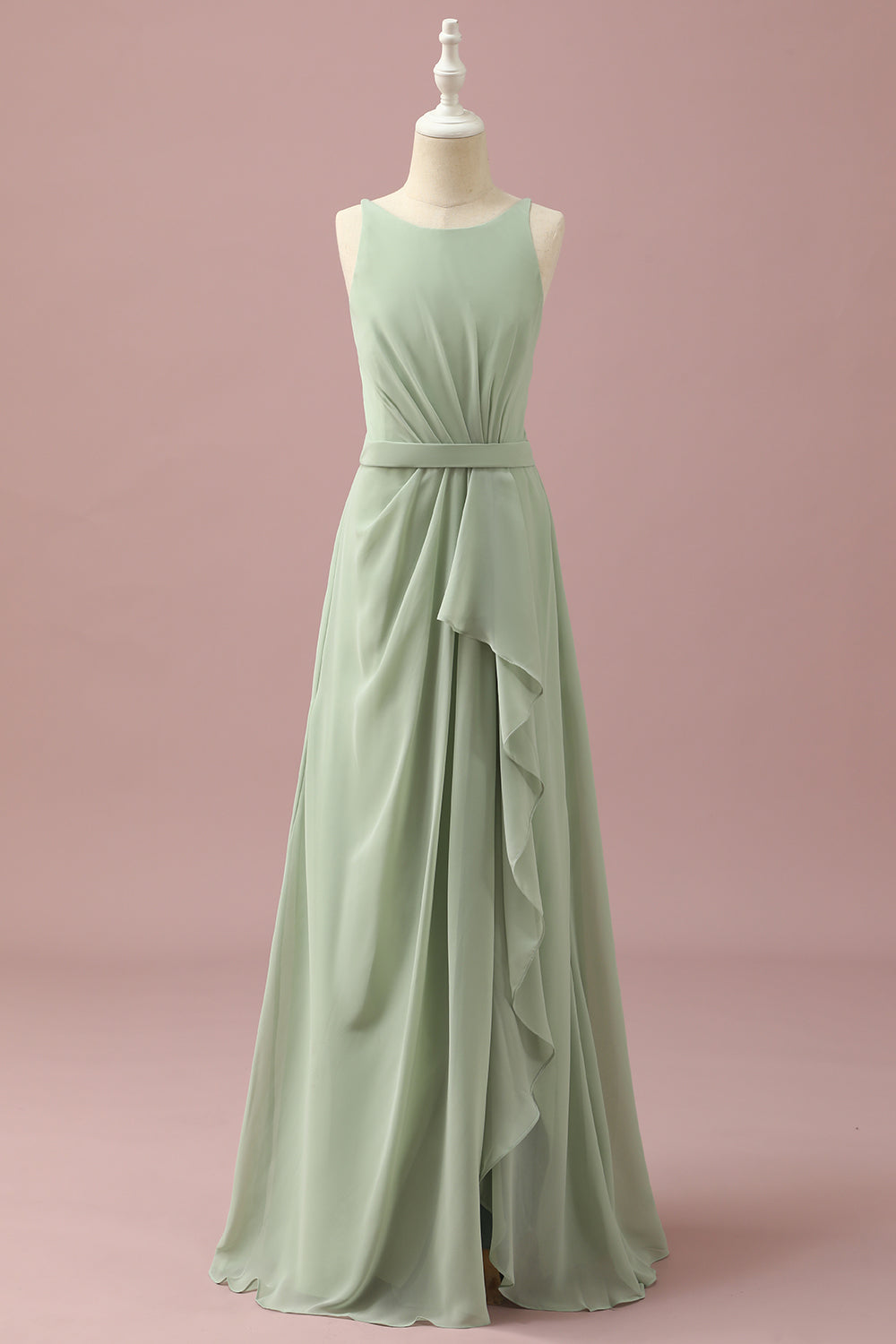 Sage Chiffon Round Neck Junior Bridesmaid Dress With Cascading Ruffles