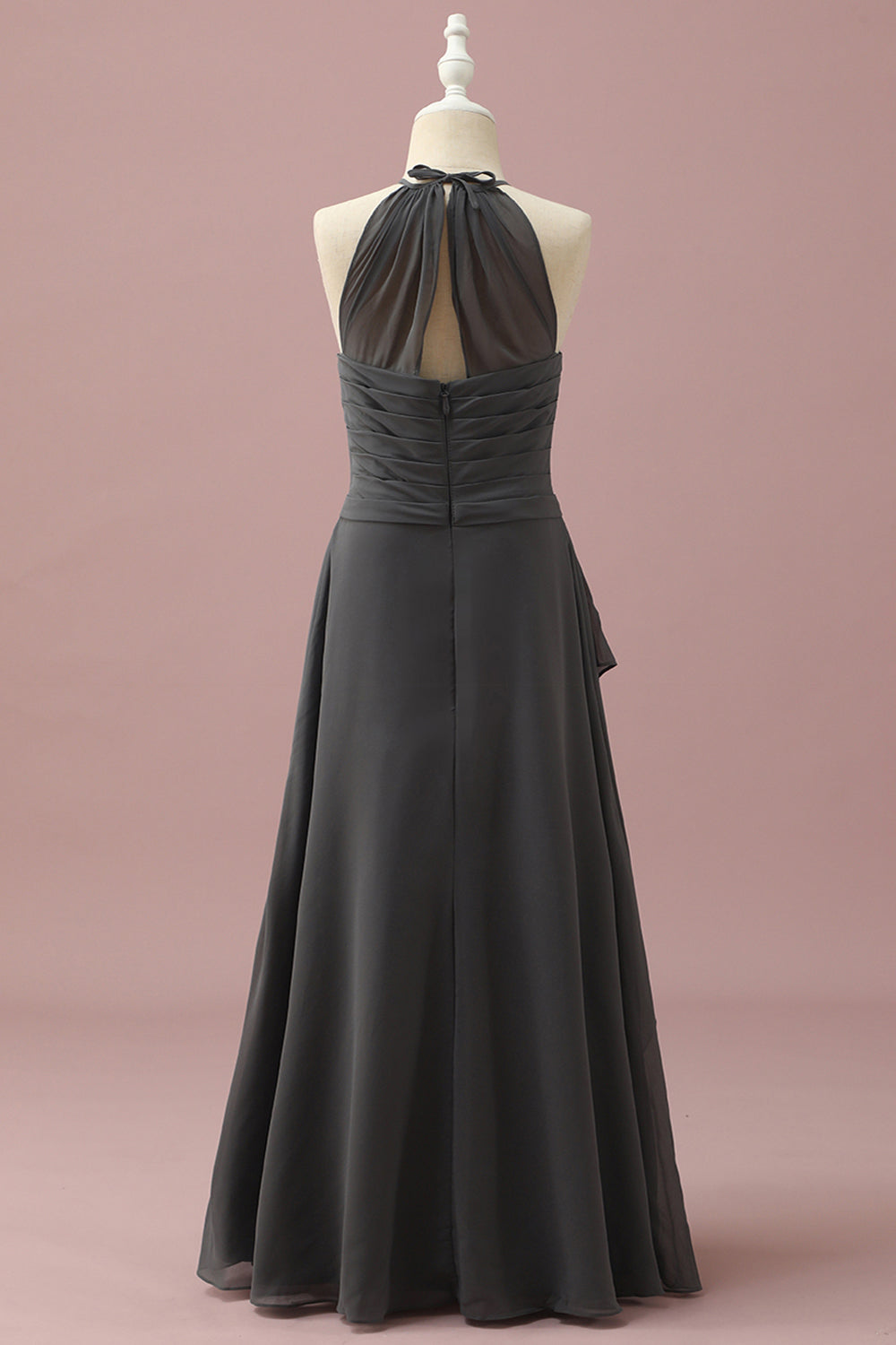 Black Halter Neck A-Line Junior Bridesmaid Dress With Cascading Ruffles