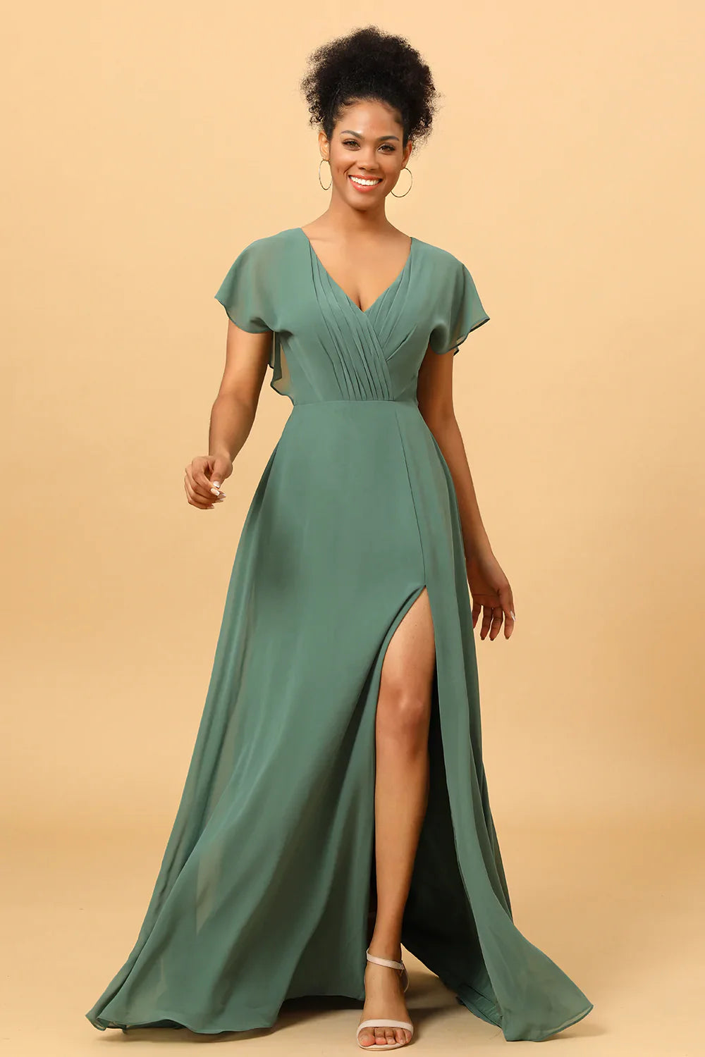 Chiffon A-Line Green Bridesmaid Dress with Slit