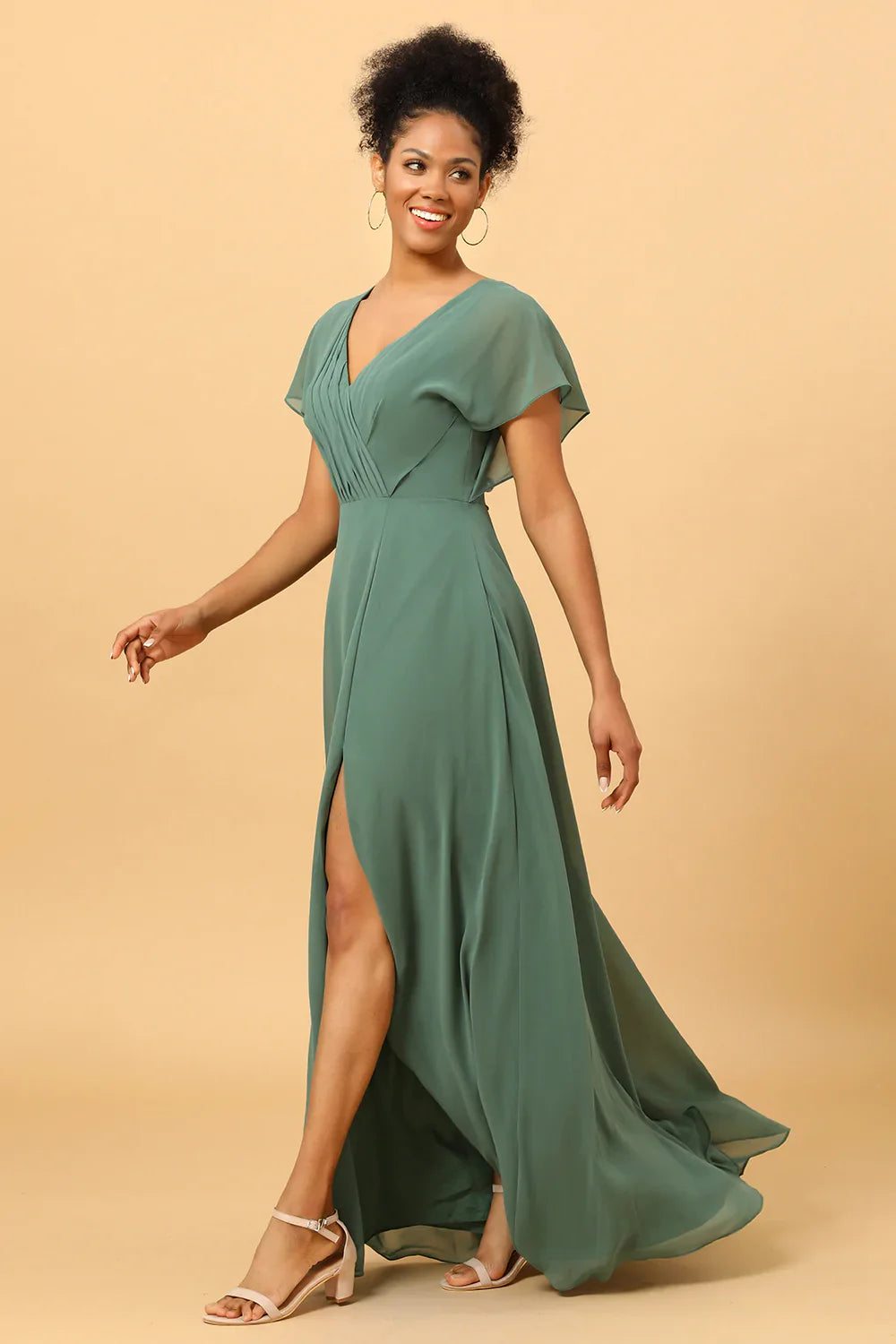 Chiffon A-Line Green Bridesmaid Dress with Slit