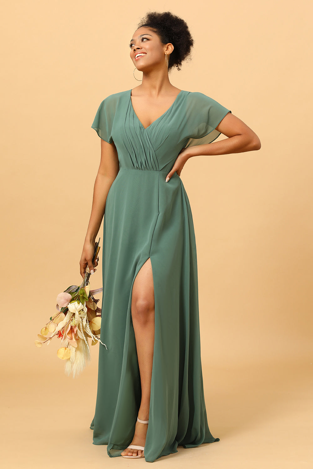 Chiffon A-line Green Bridesmaid Dress with Slit