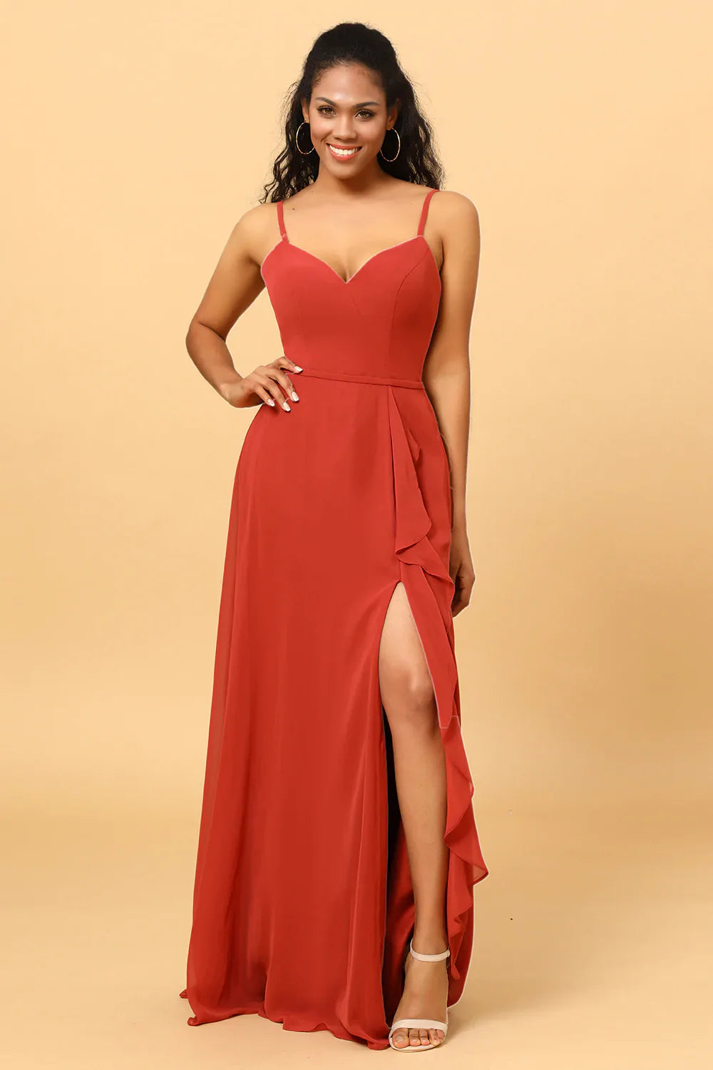 Spaghetti Straps Chiffon A-Line Bridesmaid Dress with Slit