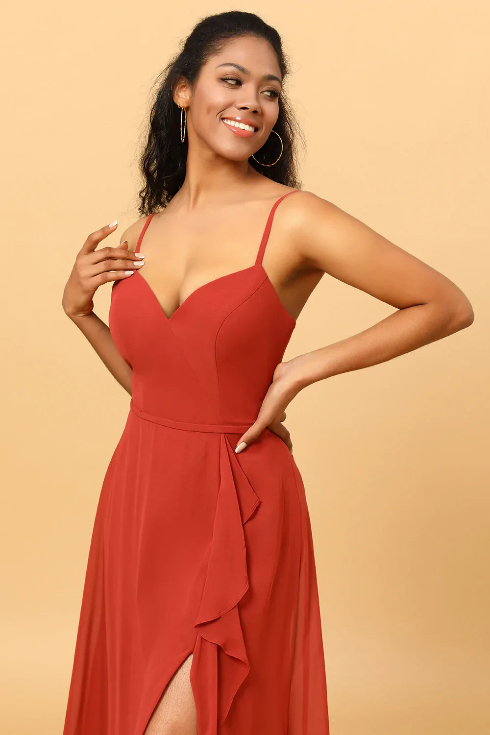 Spaghetti Straps Chiffon A-Line Bridesmaid Dress with Slit