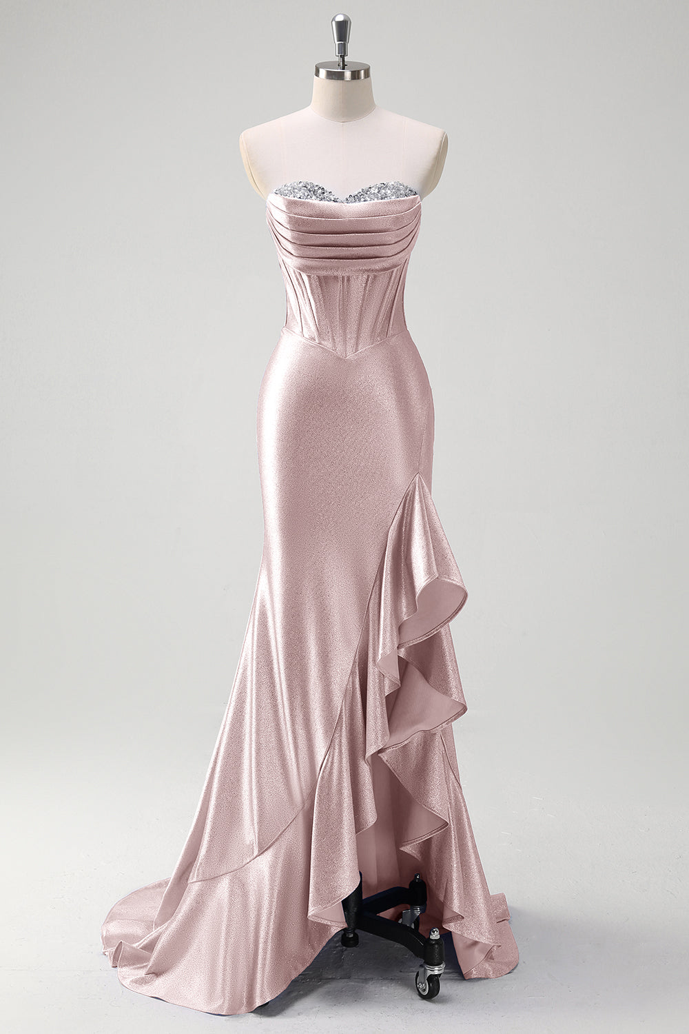 Sparkly Pink Sweetheart Mermaid Long Prom Dress with Ruffles