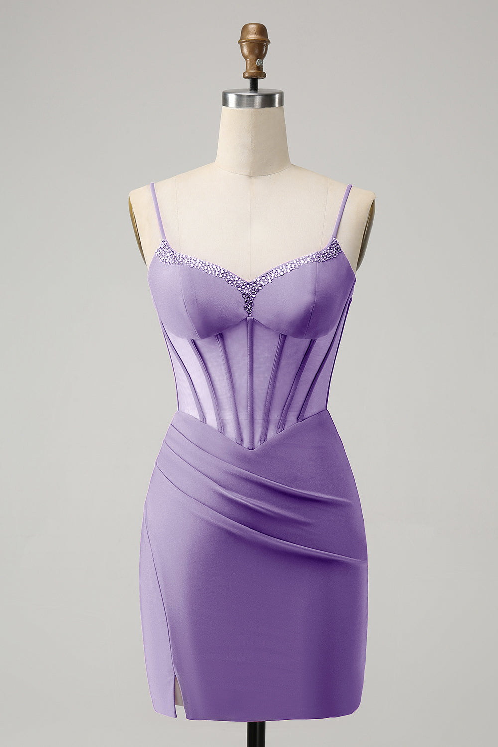 Unique Sparkly Fuchsia Beaded Tight Corset Short Homecoming Dress with Slit