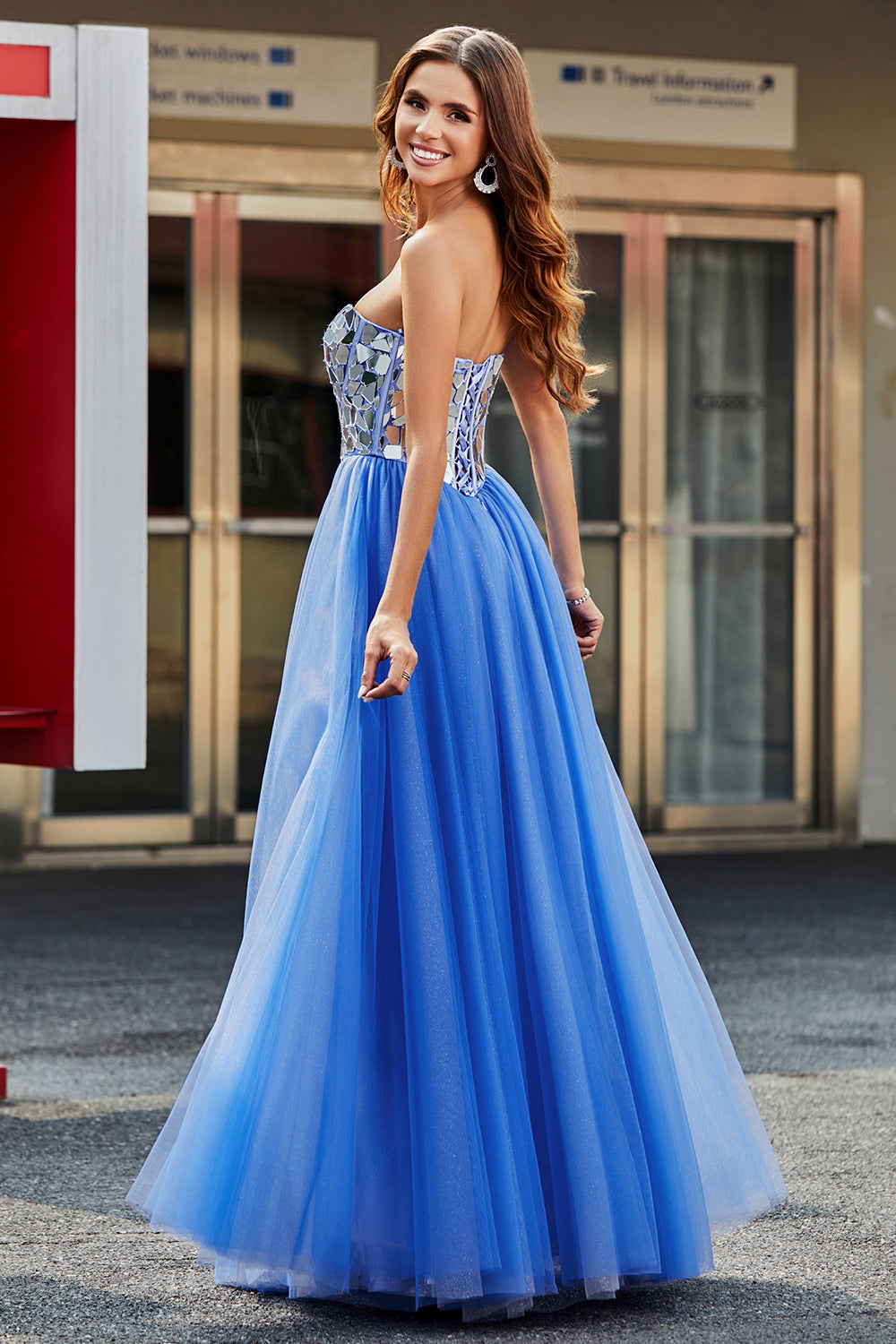 Royal Blue A-Line Sweetheart Broken Mirrors Strapless Corset Long Prom Dress