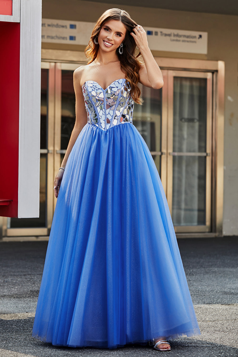 Royal Blue A-Line Sweetheart Broken Mirrors Strapless Corset Long Prom Dress