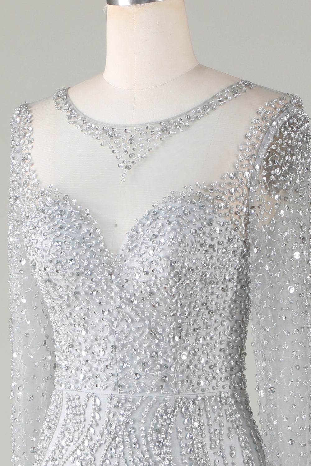 Gorgeous Sparkly Grey Beaded Mermaid Long Prom Dress