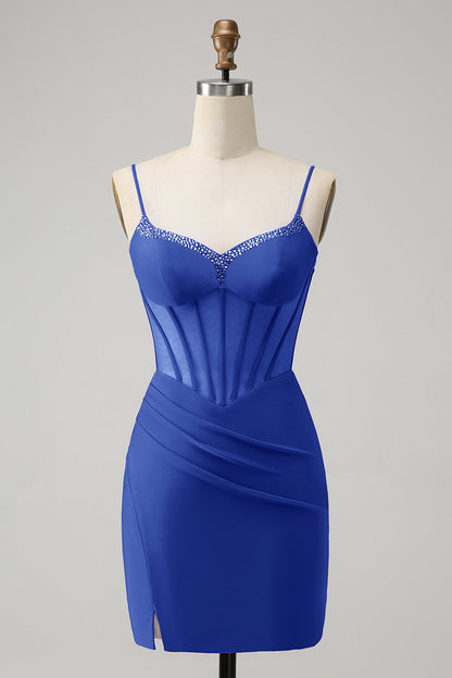 Unique Sparkly Fuchsia Beaded Tight Corset Short Homecoming Dress with Slit
