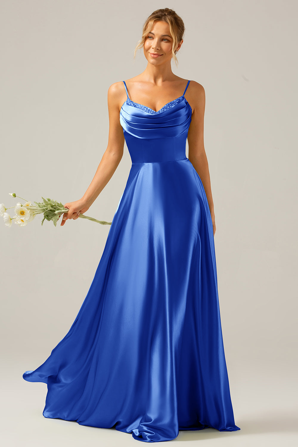 Dusty Sage A Line Cowl Neck Satin Long Prom Dress with Pleated