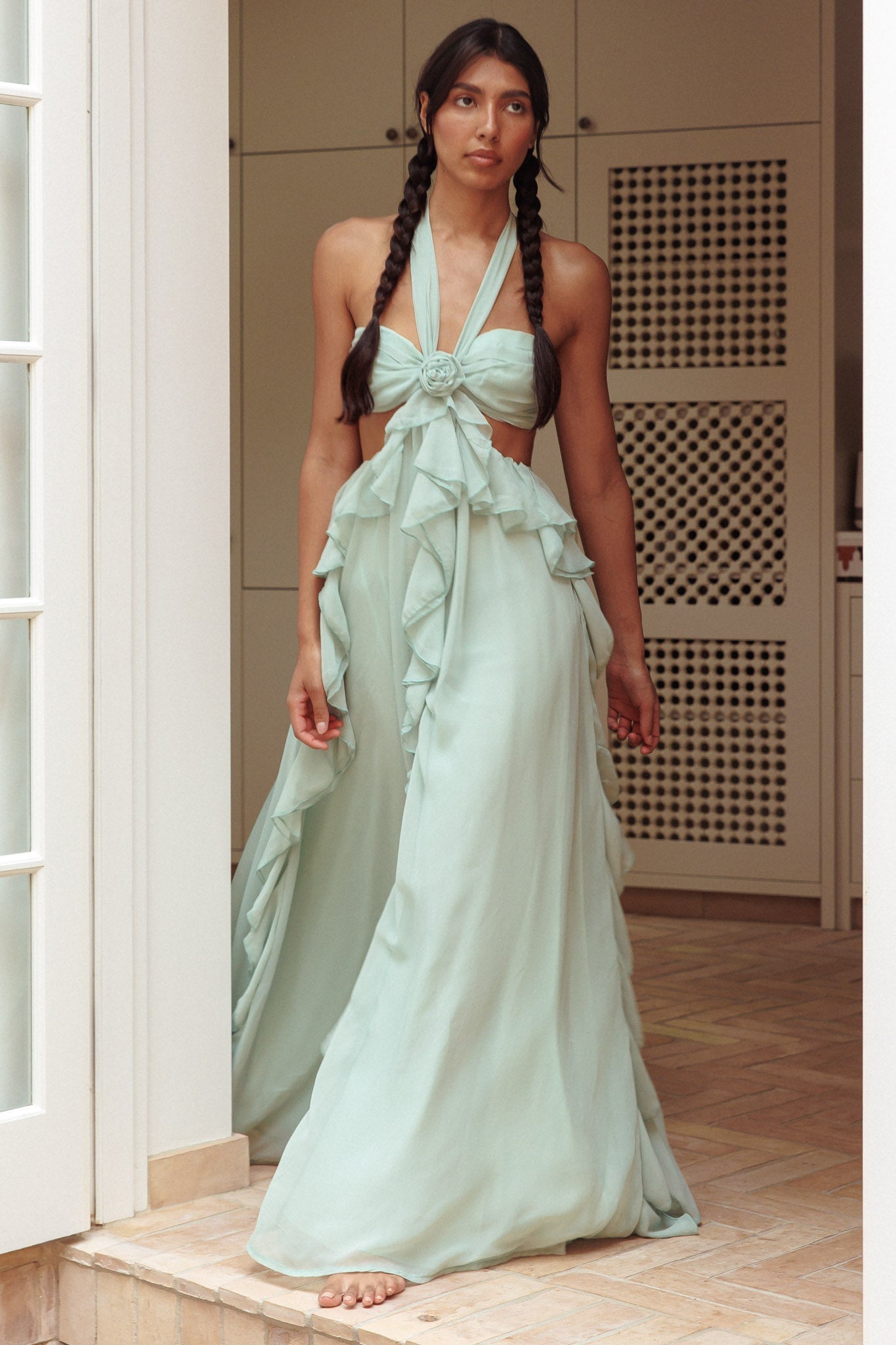 Santiago Cut-Out Ruffle Maxi Dress Sage