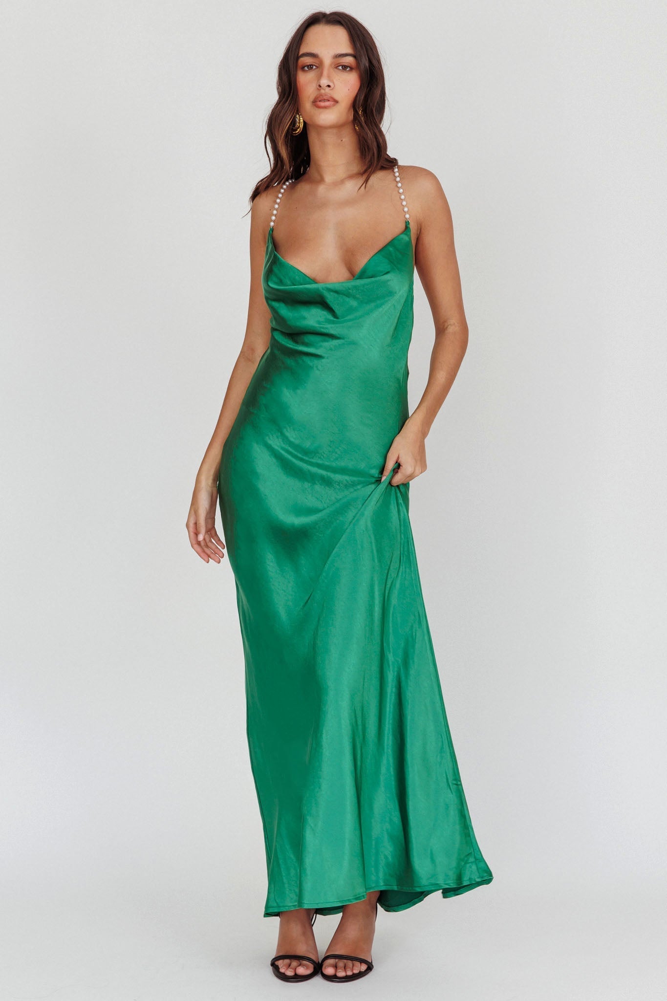 Danijela Cowl Neck Pearl Satin Maxi Dress Emerald