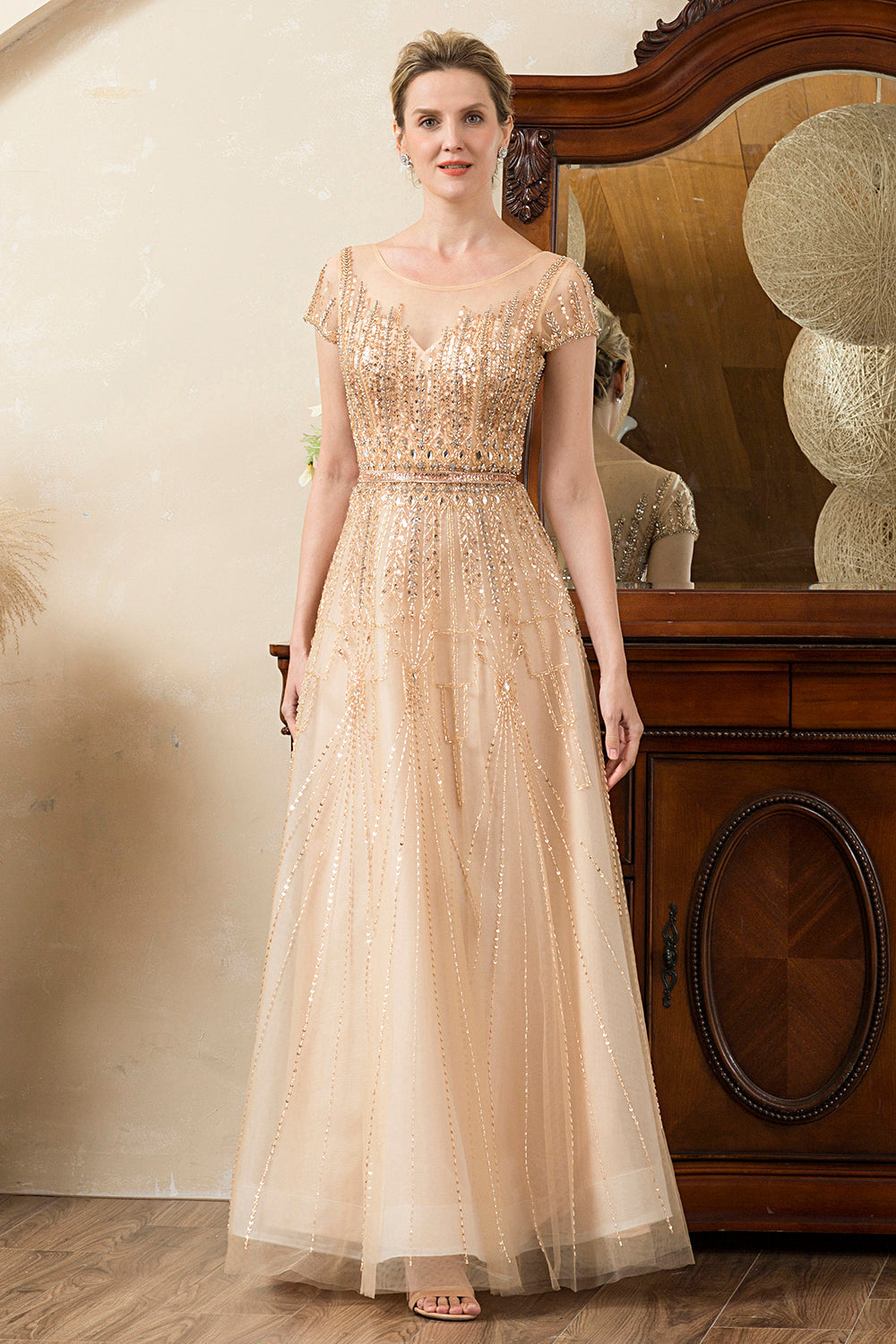 Golden Beaded Mother of Bride Dress