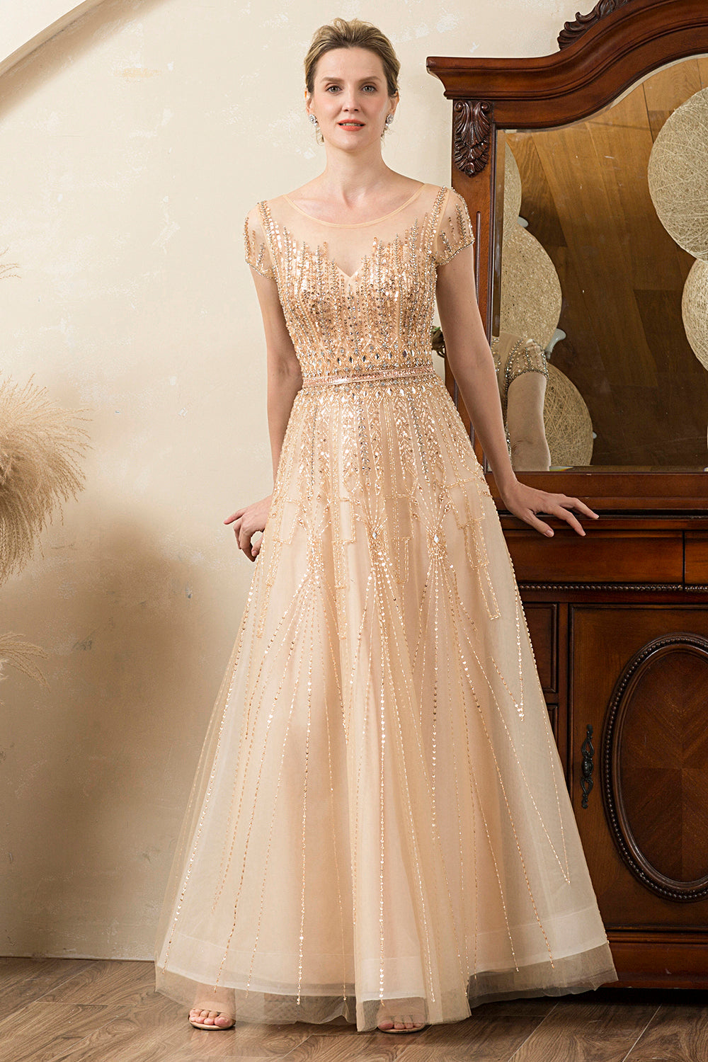 Golden Beaded Mother of Bride Dress