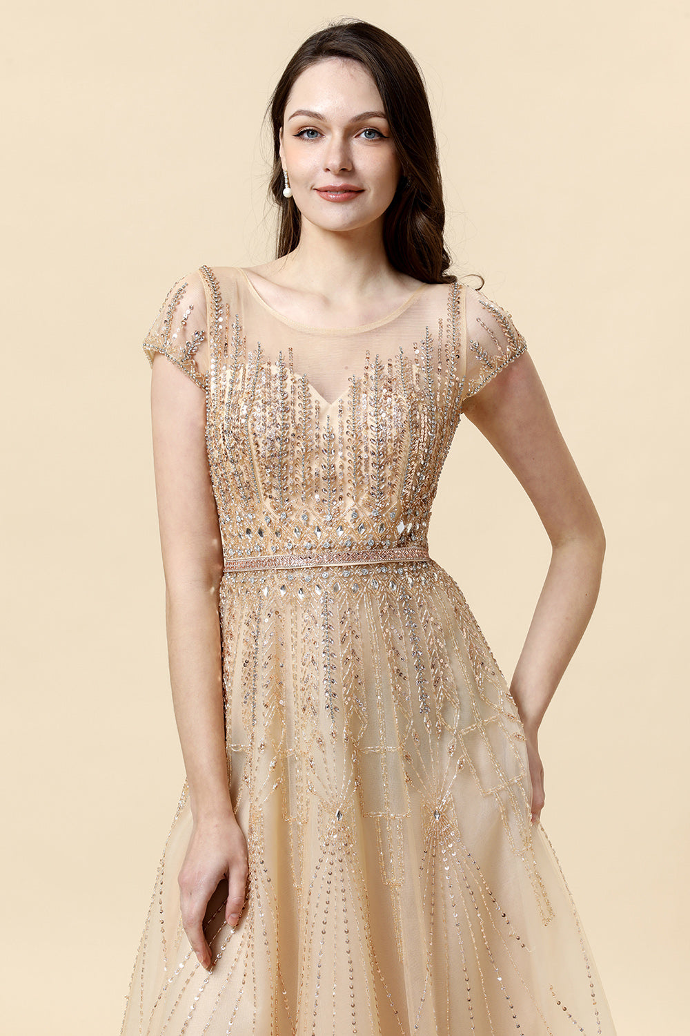 A Line Round Neck Golden Beaded Floor Length Formal Dress