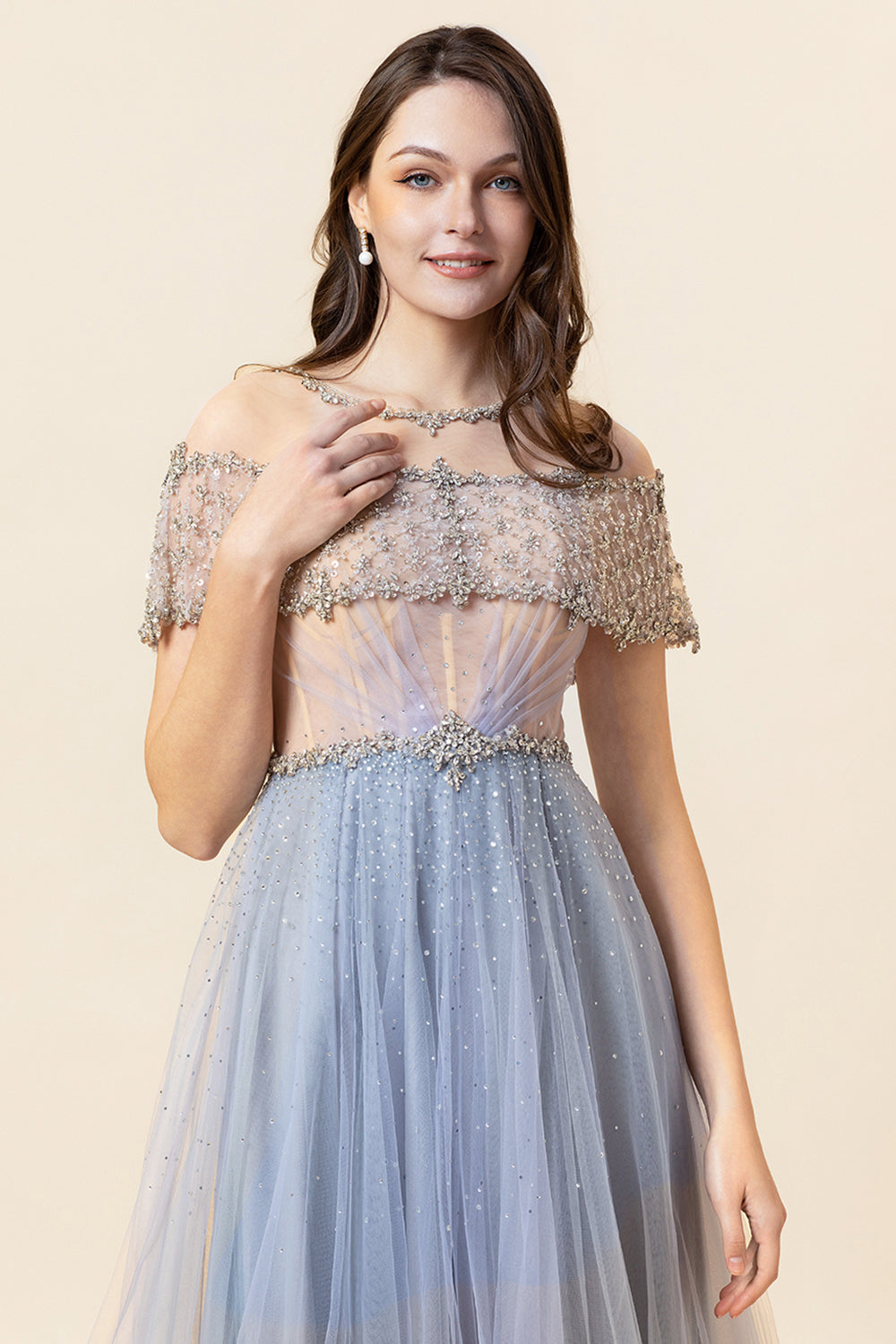 Sparkly Grey Beaded Long Tulle Prom Dress